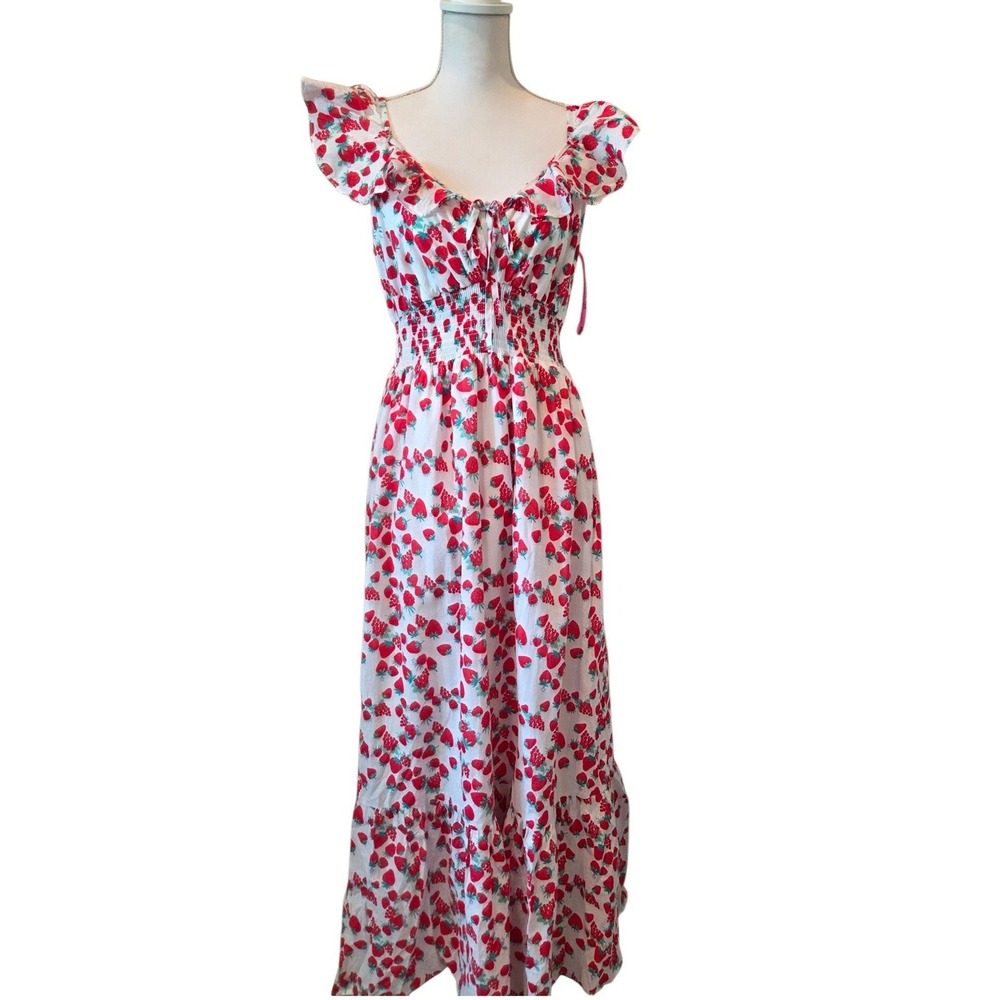 Betsey Johnson Maxi Dress Cotton Strawberry Smocked Ruffle White Red Summer M